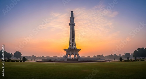 Minar-e-Pakistan monument stands tall against a vibrant sunrise sky, surrounded by green lawns and trees.