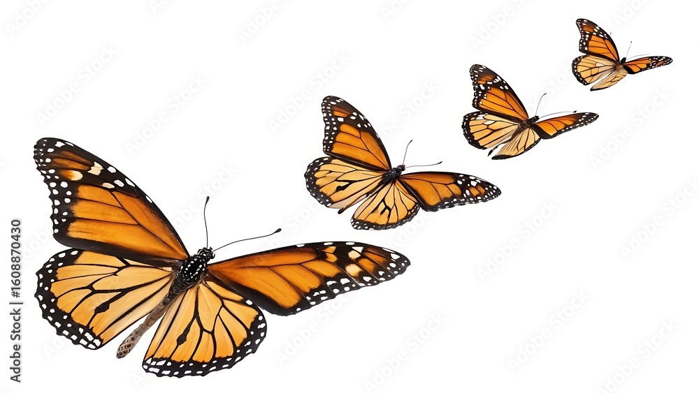Obraz premium A group of monarch butterflies are flying on a white background