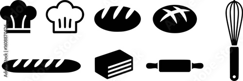 Baking icons chef hats bread loaves rolling pin whisk loaf