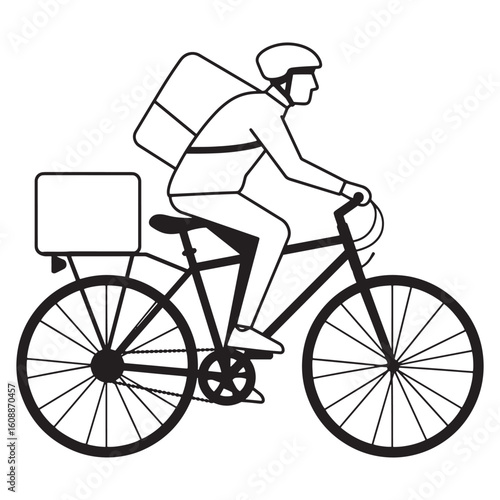 Courier delivering food on a bicycle with a food box on the back and safety helmet