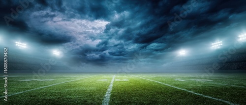 The dramatic football field under stormy skies with bright stadium lights.