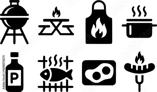 Barbecue grill picnic table apron cooking pot fish fried eggs sausage on fork bottle