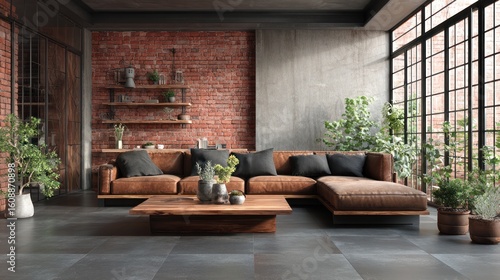 Interior shot of a stylish living room featuring a leather sectional and brick wall