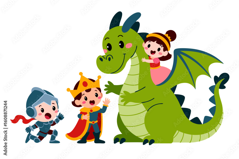 Naklejka premium Jealous vector of king, knight, girl, and dragon feeling envy. Perfect for illustrating competitive scenarios in fantasy themed designs and storytelling.