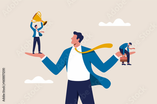 Vector illustration of jealousy showing a man comparing success and failure with hand gestures. Suitable for business concept designs. Success. Failure. Envy. Hand gestures. Business concept. Illustra