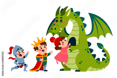 Jealous vector of king, knight, girl, and dragon feeling envy. Perfect for illustrating competitive scenarios in fantasy themed designs and storytelling.
