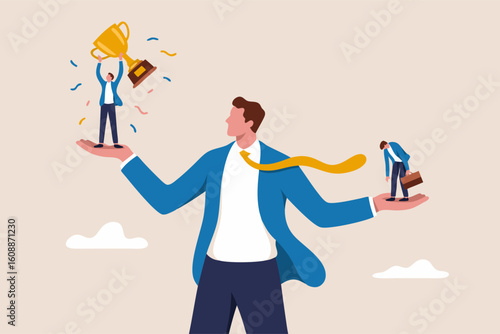 Vector illustration of jealousy showing a man comparing success and failure with hand gestures. Suitable for business concept designs. Success. Failure. Envy. Hand gestures. Business concept. Illustra
