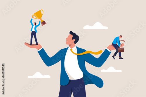 Vector illustration of jealousy showing a man comparing success and failure with hand gestures. Suitable for business concept designs. Success. Failure. Envy. Hand gestures. Business concept. Illustra