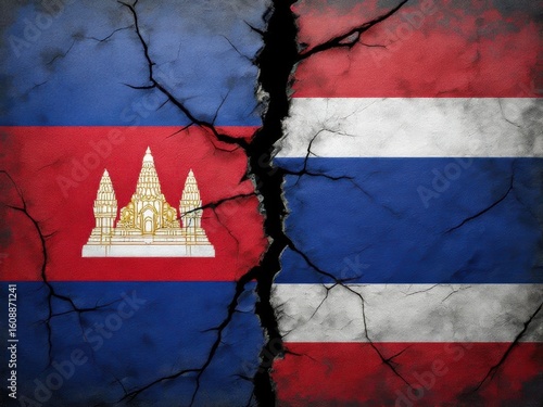 Cambodia VS Thailand flag painting on cracked background . Confliction and crisis concept .