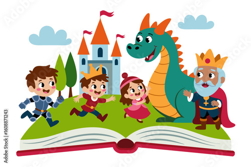 Jealous vector art of a storybook scene with king, knight, dragon, children, and castle. Suitable for childrens book illustrations.