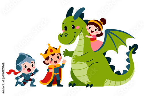 Jealous vector of king, knight, girl, and dragon feeling envy. Perfect for illustrating competitive scenarios in fantasy themed designs and storytelling.
