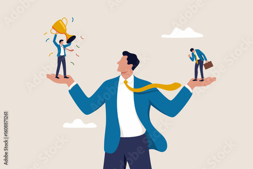 Vector illustration of jealousy showing a man comparing success and failure with hand gestures. Suitable for business concept designs. Success. Failure. Envy. Hand gestures. Business concept. Illustra