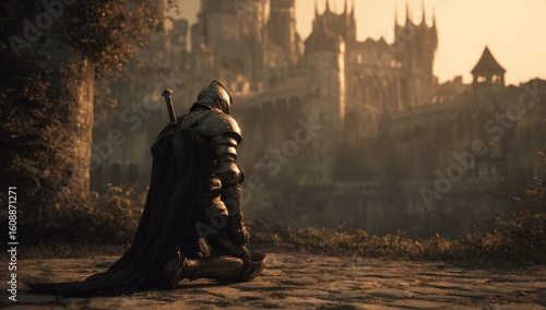 Knight in prayer,  castle backdrop