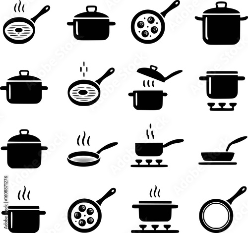 Black cooking pots and pans with steam and food kitchen