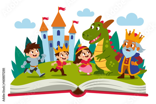 Jealous vector art of a storybook scene with king, knight, dragon, children, and castle. Suitable for childrens book illustrations.
