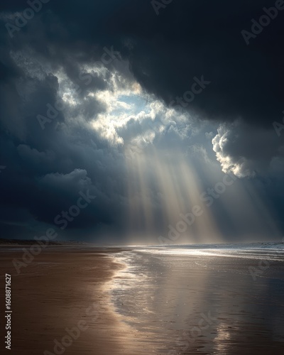Dramatic sunbeams pierce dark clouds over a sandy beach