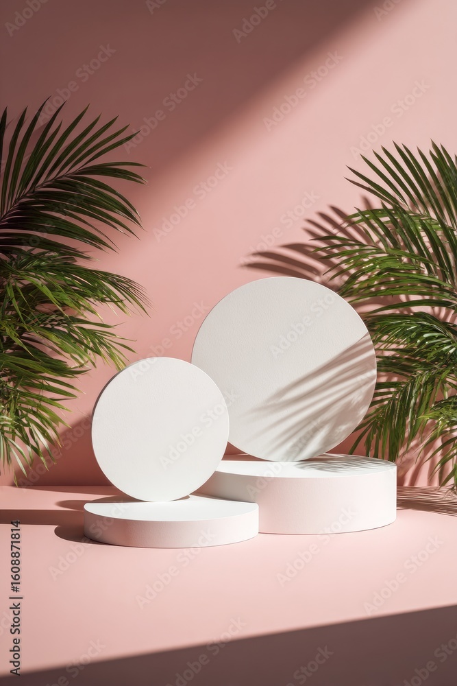 Fototapeta premium Three white circular podiums on a pink background, with tropical palm leaves casting shadows