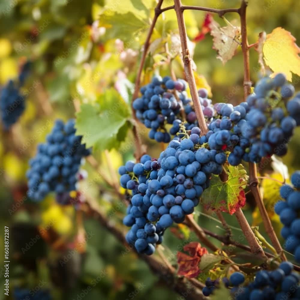 Vineyard Harvest: Close-up of a vineyard with ripe, dark grapes, capturing the essence of a bountiful harvest season and the vibrant colors of autumn. Vineyard Harvest: Close-up of a vineyard with ripe, dark grapes, capturing the essence of a bountiful harvest season and the vibrant colors of autumn.