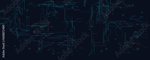 Cyber Network Grid With Dotted Tech Lines. Dark futuristic background featuring blue and red digital routes for cybersecurity, data flow, and systems UI. Clean abstract layout. Vector illustration