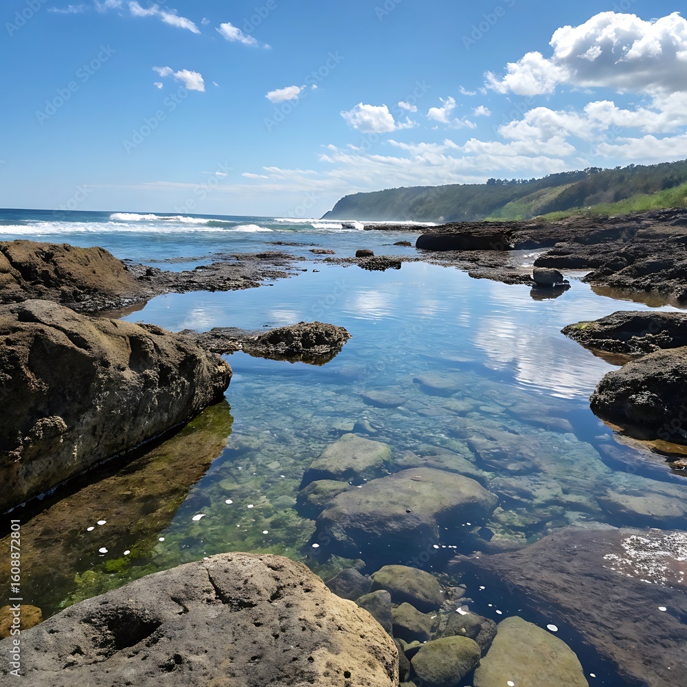Fototapeta premium Coastal Serenity Tide Pool Reflecting Sky and Clouds with Rocky Shoreline Landscape