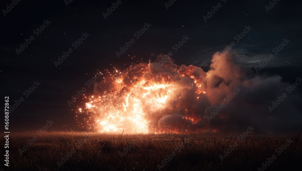 Fototapeta premium Massive explosion at night over a field