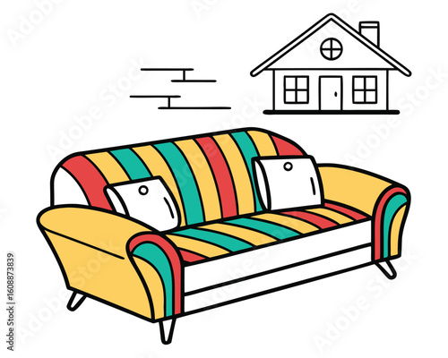 Colorful cartoon illustration of a cozy sofa with pillows and a house symbolizing home comfort.