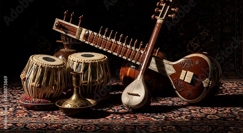 Indian musical instruments, including a sitar and tabla, arranged on a patterned rug.