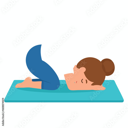 A woman performs a restorative yoga pose on a teal mat.