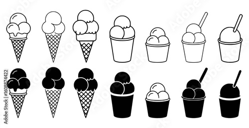 Ice cream cones and cups with scoops vector