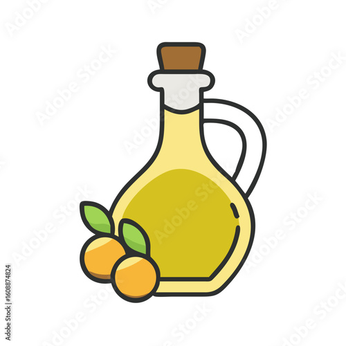 Colored vector icon of a glass bottle of olive oil, symbolizing cooking, natural products, and Mediterranean cuisine. Isolated on a transparent background