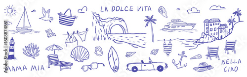 Coastal Italian life scene with yacht, car, lighthouse, seashell, sea, beach accessories and seagull. Mediterranean symbols with summer travel spirit. Relaxed crayon sketch vector illustration.