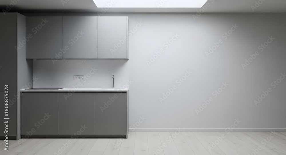 Fototapeta premium Cloud grey kitchen wall with white stone top, seamless floor and skylight light, minimalist kitchen photography for editorial architecture features