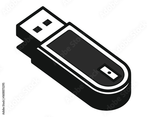 Monochrome illustration of a usb flash drive isolated on a white background with a simple design.