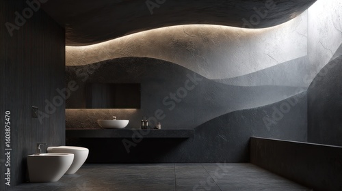 Modern, dark bathroom design featuring wavy wall accents, recessed lighting, and minimalist fixtures