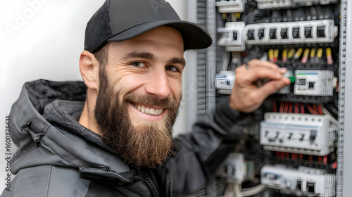 Portrait of a smiling electrician working on an electrical panel