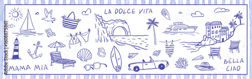 Whimsical coastal Italian life scene with yacht, car, lighthouse, shell, sea and beach accessories. Mediterranean symbols with summer travel spirit. Relaxed crayon sketch vector illustration.