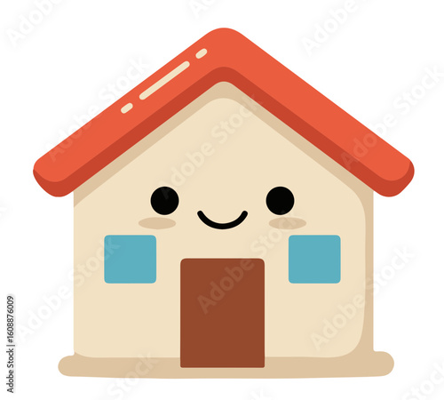 Cartoon house with a happy face, simple design, and cheerful colors.