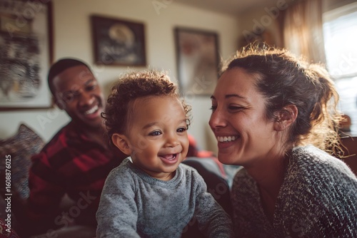 A young mixed-race family playing together in a cozy living room. Natural sunlight, joyful expressions, candid moment, warm tones, DSLR clarity.