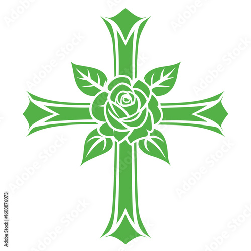 Green rose cross vector illustration depicting faith hope and religious belief symbol.