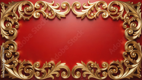 A red background with a gold ornate border forming a rectangular frame with decorative swirls