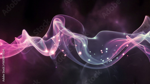 Abstract pink and purple smoke wave with sparkles on a dark background for a dreamy effect art piece
