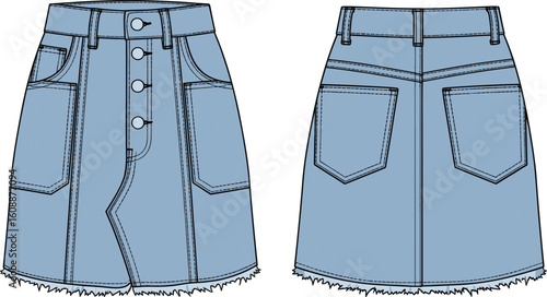 Flat sketch of blue denim skirt with front buttons, side pockets, back patch pockets, raw hem, fashion technical drawing template

 flat vector illustration