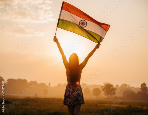 Woman with Indian Flag at Sunset