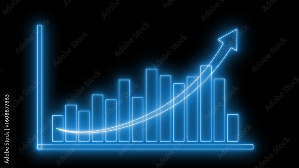 Neon Bar Chart with Upward Arrow Animation, Stock Growth Visualization Neon Arrow Line Chart Neon Bar Chart with Upward Arrow Animation, Stock Growth Visualization Neon Arrow Line Chart
