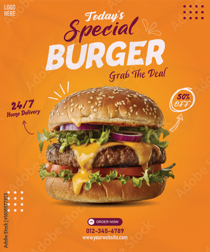 Today’s Special Burger Flyer.  Vibrant Fast Food Poster with 24/7 Delivery and Discount Offer