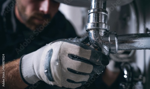 Plumber working on a drainpipe.  Close up