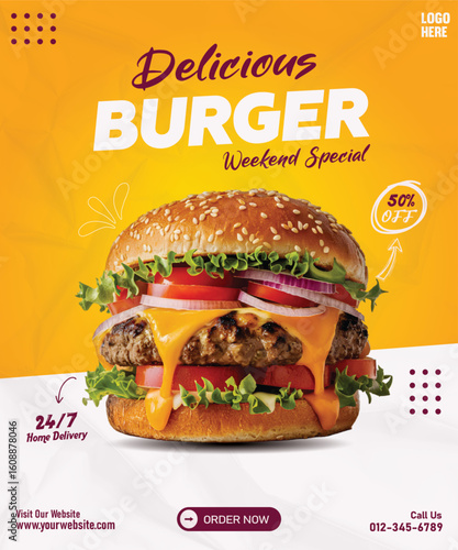 Weekend Burger Special Flyer – Juicy Cheeseburger Poster with discount and Home Delivery Offer