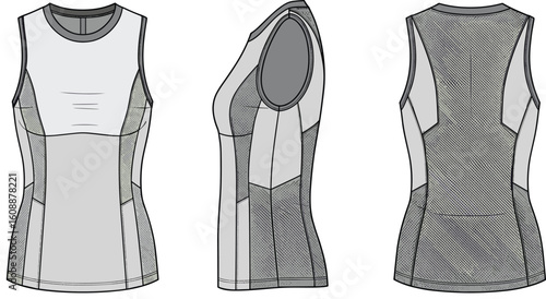 Women’s mesh panel tank top, sleeveless sportswear, activewear technical sketch, athletic fit design, gym apparel, fitness fashion drawing

 flat vector illustration