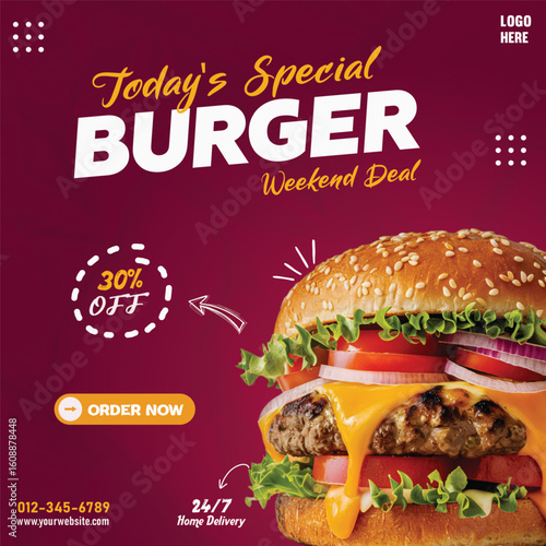 Today’s Special Burger Flyer, Weekend Deal Food Poster with Discount and Delivery highlights