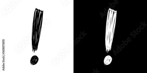Black and white exclamation mark graphic design on transparent and black backgrounds, isolated vector image, chalk drawing  